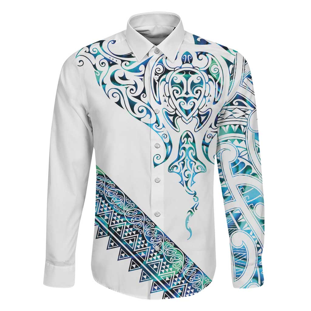Kahui Whetu Paua shell Kowhaiwhai Taniko Personalised Family Matching Off Shoulder Maxi Dress and Hawaiian Shirt Manta Ray Shark-Turtle Maori Tribal Style LT9 Dad's Shirt - Long Sleeve Blue - Polynesian Pride