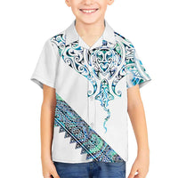 Kahui Whetu Paua shell Kowhaiwhai Taniko Personalised Family Matching Off Shoulder Maxi Dress and Hawaiian Shirt Manta Ray Shark-Turtle Maori Tribal Style LT9 Son's Shirt Blue - Polynesian Pride