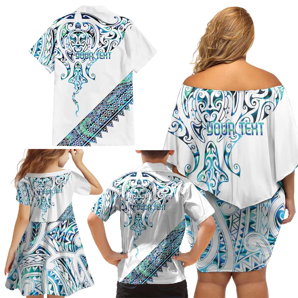Kahui Whetu Paua shell Kowhaiwhai Taniko Personalised Family Matching Off Shoulder Short Dress and Hawaiian Shirt Manta Ray Shark-Turtle Maori Tribal Style LT9 - Polynesian Pride