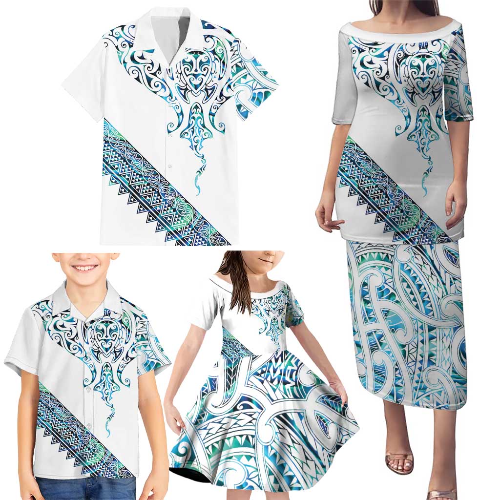 Kahui Whetu Paua shell Kowhaiwhai Taniko Personalised Family Matching Puletasi and Hawaiian Shirt Manta Ray Shark-Turtle Maori Tribal Style