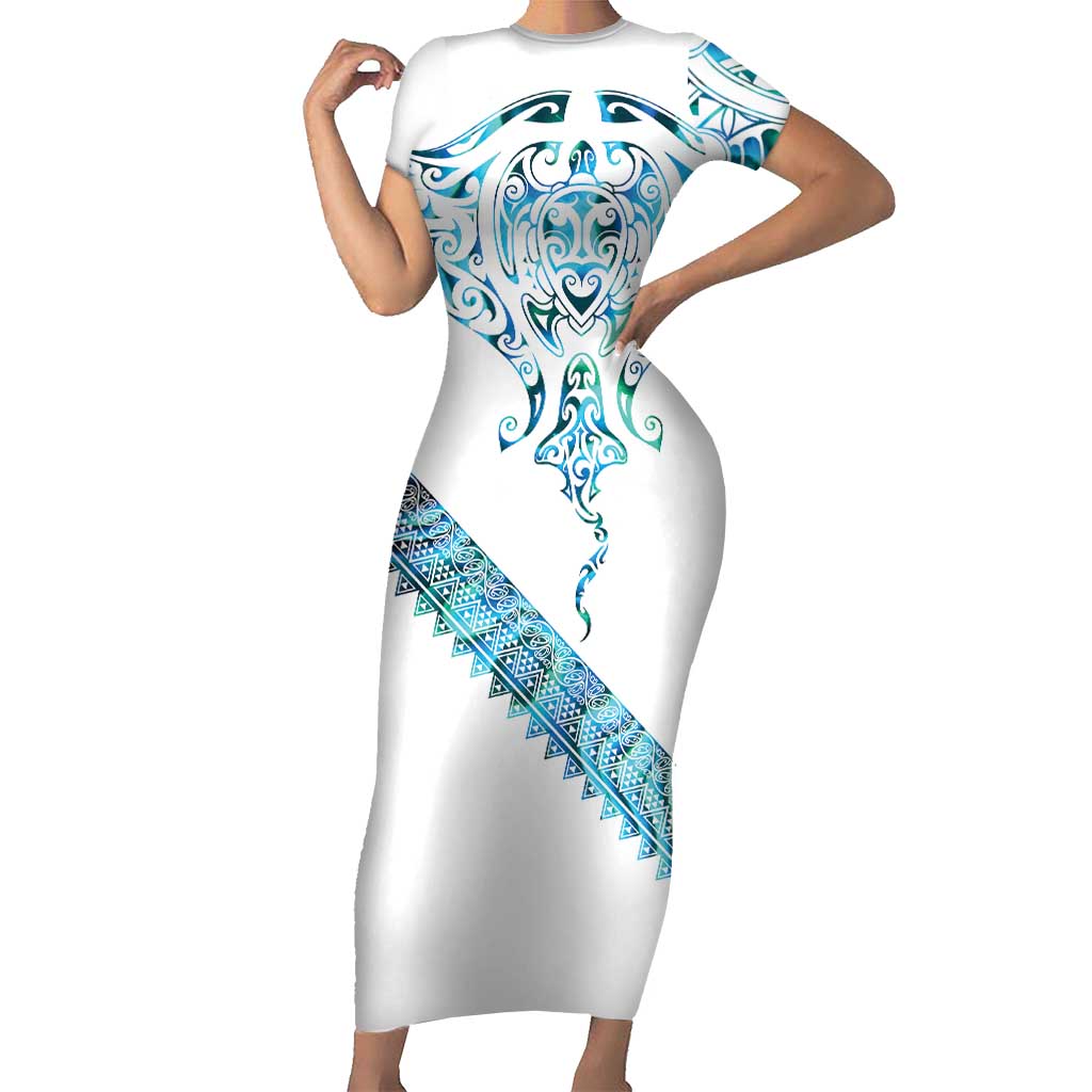 Kahui Whetu Paua shell Kowhaiwhai Taniko Personalised Family Matching Short Sleeve Bodycon Dress and Hawaiian Shirt Manta Ray Shark-Turtle Maori Tribal Style LT9 Mom's Dress Blue - Polynesian Pride