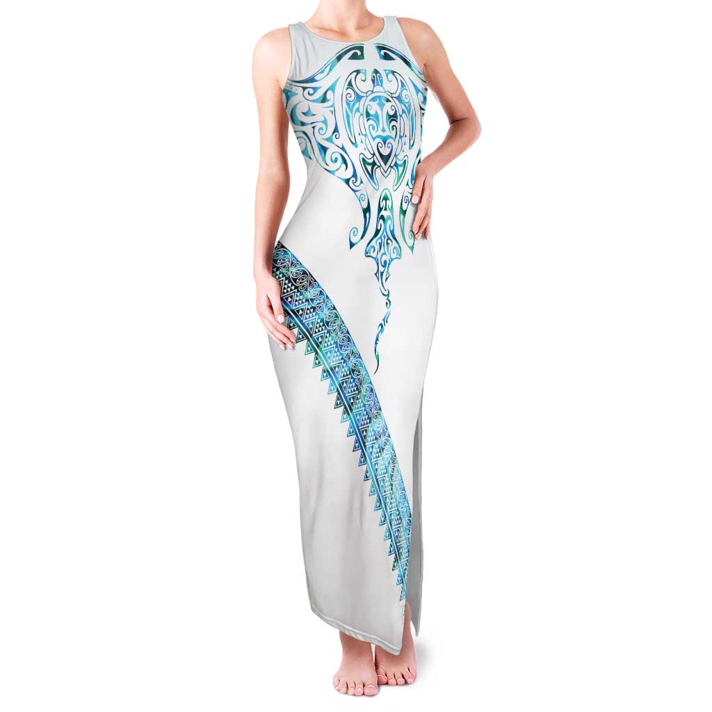 Kahui Whetu Paua shell Kowhaiwhai Taniko Personalised Family Matching Tank Maxi Dress and Hawaiian Shirt Manta Ray Shark-Turtle Maori Tribal Style LT9 Mom's Dress Blue - Polynesian Pride