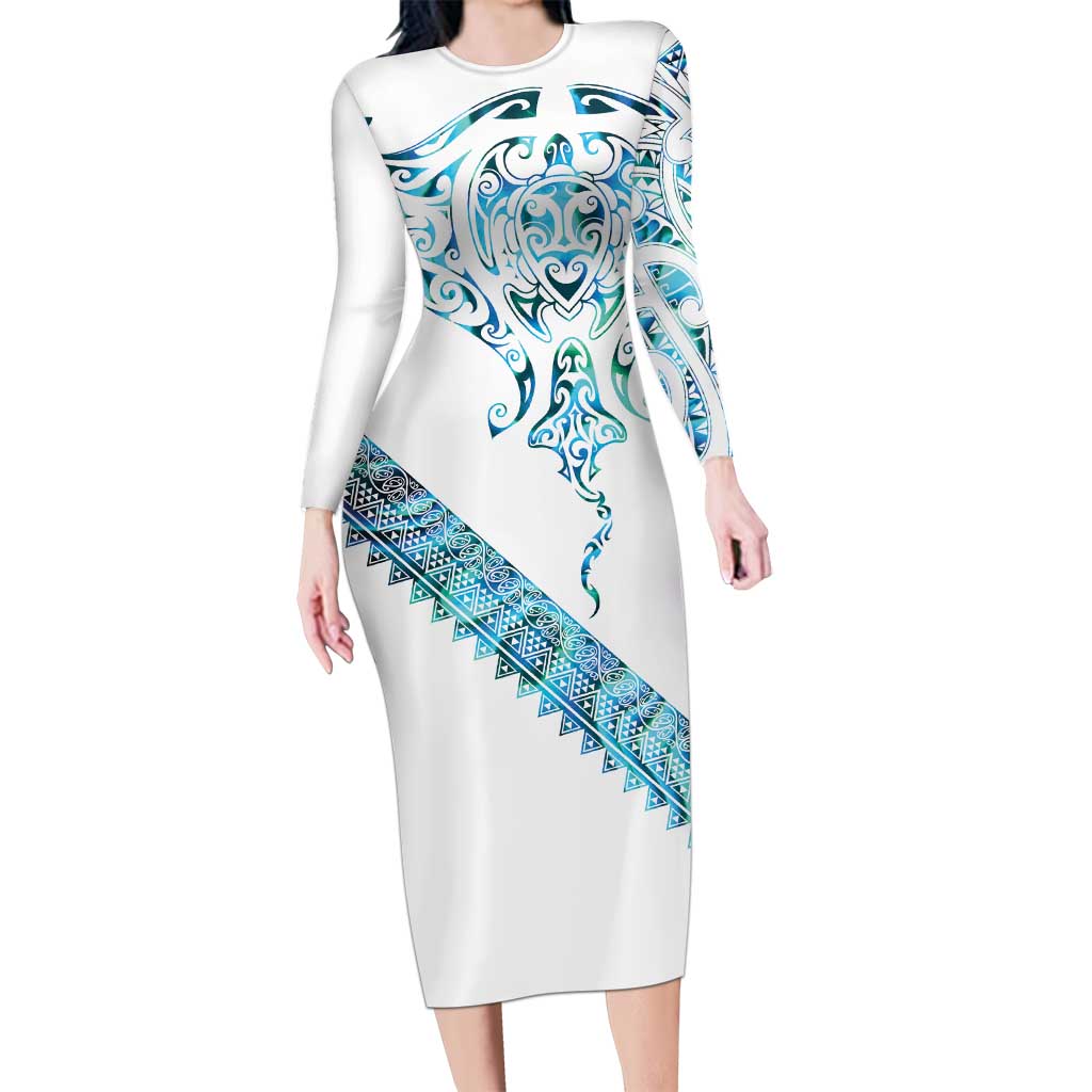 Kahui Whetu Paua shell Kowhaiwhai Taniko Personalised Long Sleeve Bodycon Dress Manta Ray Shark-Turtle Maori Tribal Style