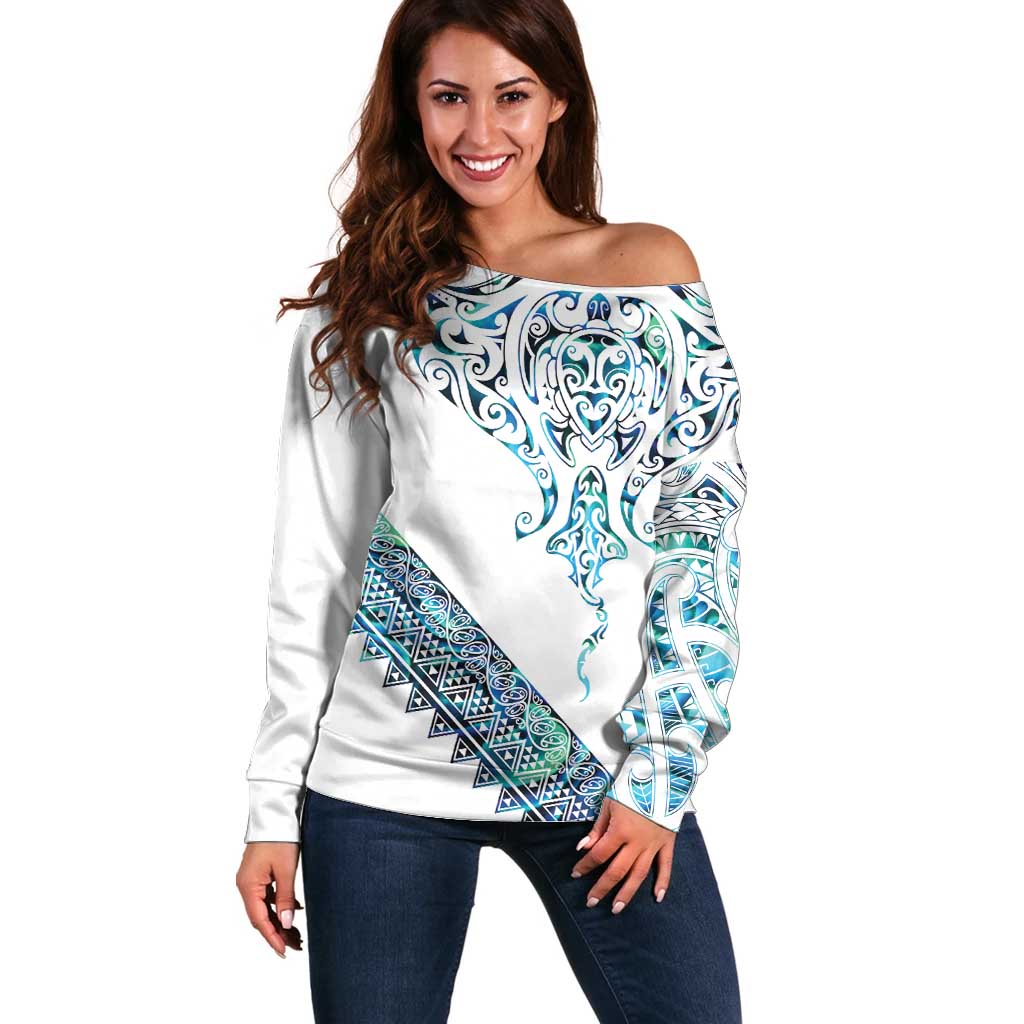 Kahui Whetu Paua shell Kowhaiwhai Taniko Personalised Off Shoulder Sweater Manta Ray Shark-Turtle Maori Tribal Style