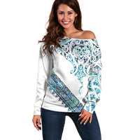 Kahui Whetu Paua shell Kowhaiwhai Taniko Personalised Off Shoulder Sweater Manta Ray Shark-Turtle Maori Tribal Style