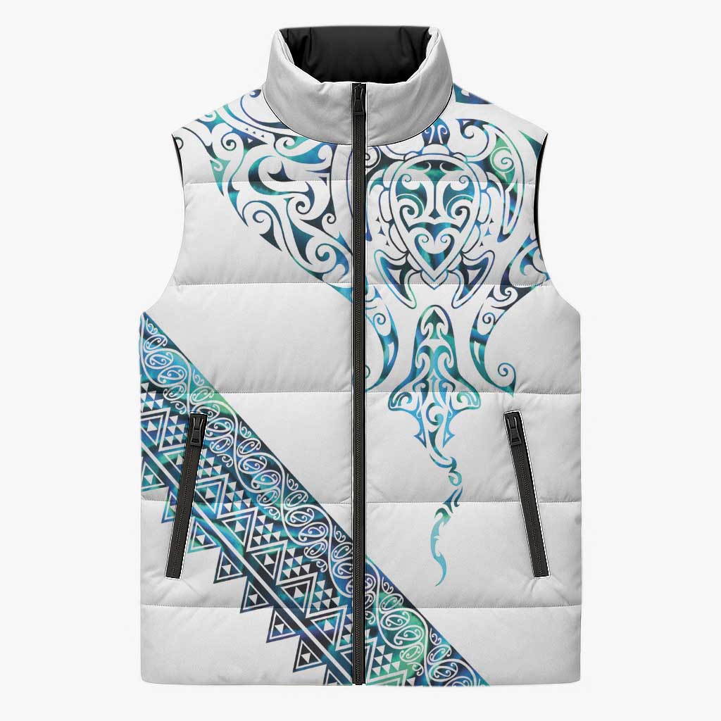 Kahui Whetu Paua shell Kowhaiwhai Taniko Personalised Sleeveless Puffer Jacket Manta Ray Shark-Turtle Maori Tribal Style