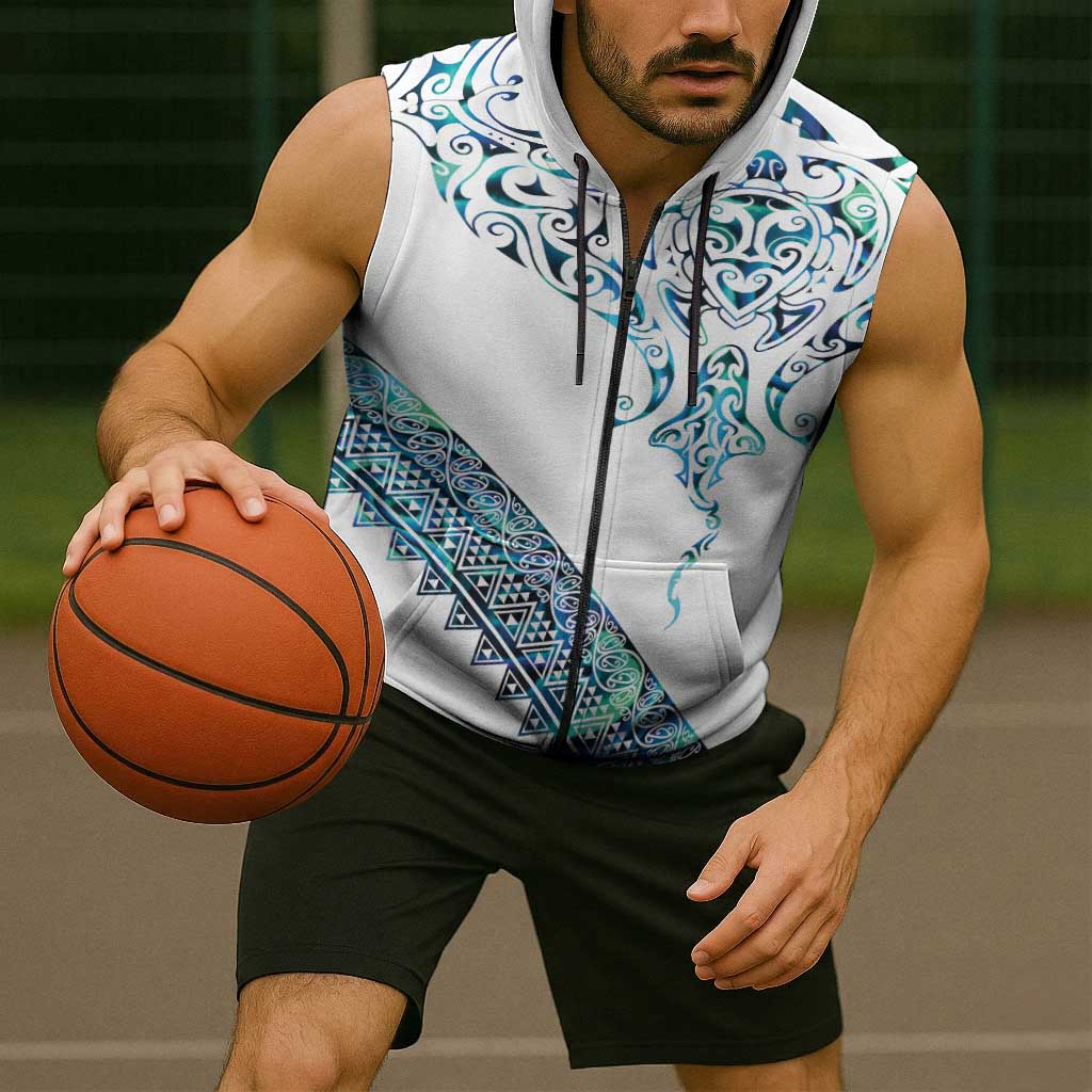 Kahui Whetu Paua shell Kowhaiwhai Taniko Personalised Sleeveless Zip Hoodie Manta Ray Shark-Turtle Maori Tribal Style