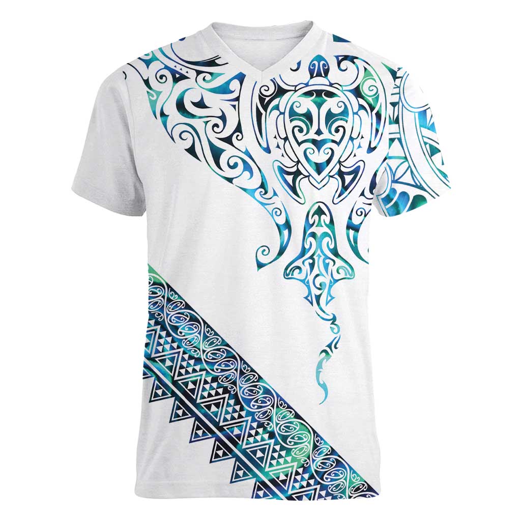 Kahui Whetu Paua shell Kowhaiwhai Taniko Personalised Women V-Neck T-Shirt Manta Ray Shark-Turtle Maori Tribal Style LT9 Female Blue - Polynesian Pride