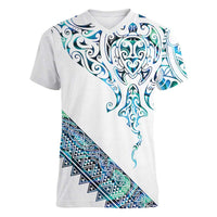 Kahui Whetu Paua shell Kowhaiwhai Taniko Personalised Women V-Neck T-Shirt Manta Ray Shark-Turtle Maori Tribal Style LT9 Female Blue - Polynesian Pride