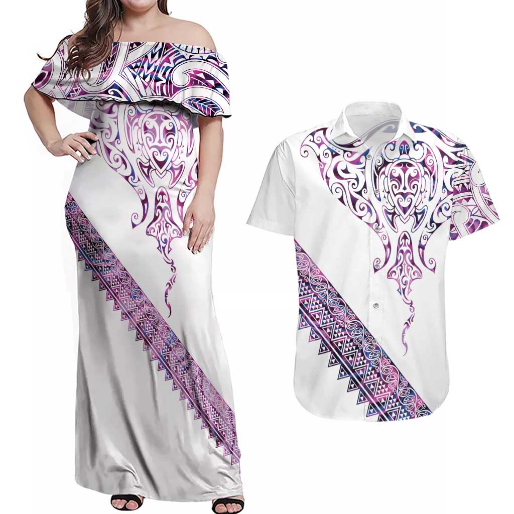 Mawhero Paua shell Kowhaiwhai Taniko Personalised Couples Matching Off Shoulder Maxi Dress and Hawaiian Shirt Manta Ray Shark-Turtle Maori Tribal Style LT9 Pink - Polynesian Pride