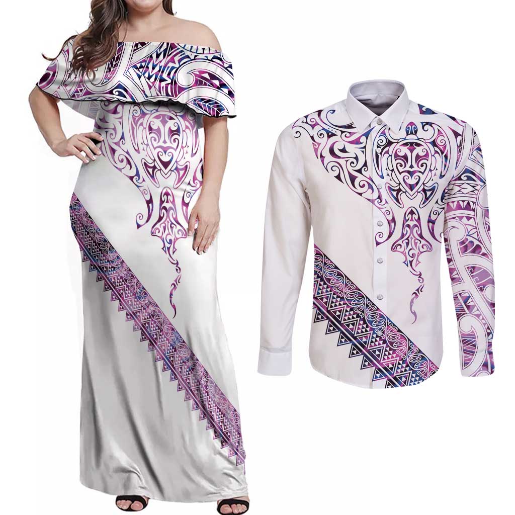 Mawhero Paua shell Kowhaiwhai Taniko Personalised Couples Matching Off Shoulder Maxi Dress and Long Sleeve Button Shirt Manta Ray Shark-Turtle Maori Tribal Style LT9 Pink - Polynesian Pride