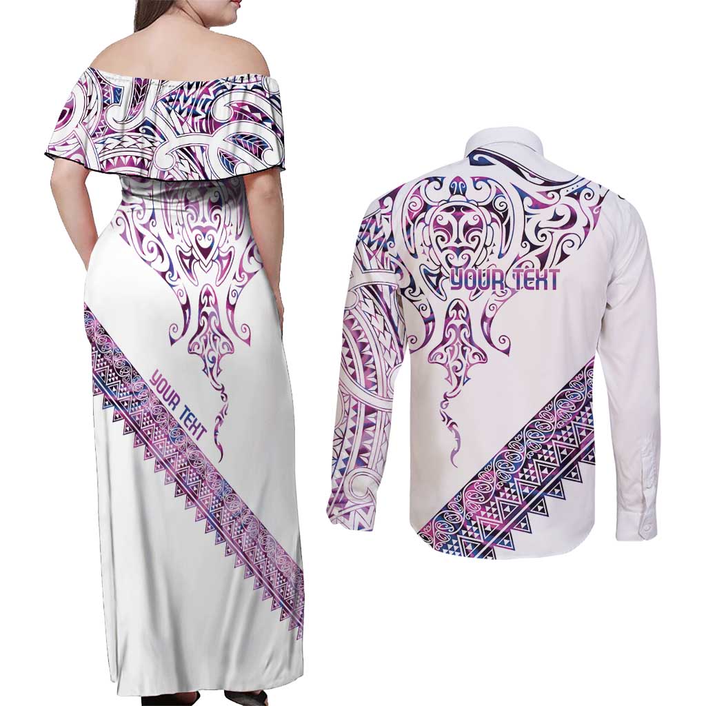 Mawhero Paua shell Kowhaiwhai Taniko Personalised Couples Matching Off Shoulder Maxi Dress and Long Sleeve Button Shirt Manta Ray Shark-Turtle Maori Tribal Style LT9 - Polynesian Pride