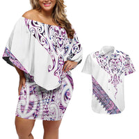 Mawhero Paua shell Kowhaiwhai Taniko Personalised Couples Matching Off Shoulder Short Dress and Hawaiian Shirt Manta Ray Shark-Turtle Maori Tribal Style LT9 Pink - Polynesian Pride