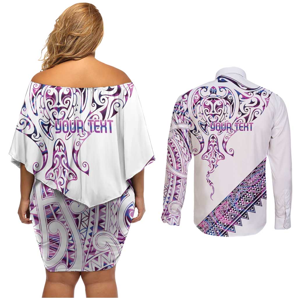 Mawhero Paua shell Kowhaiwhai Taniko Personalised Couples Matching Off Shoulder Short Dress and Long Sleeve Button Shirt Manta Ray Shark-Turtle Maori Tribal Style LT9 - Polynesian Pride