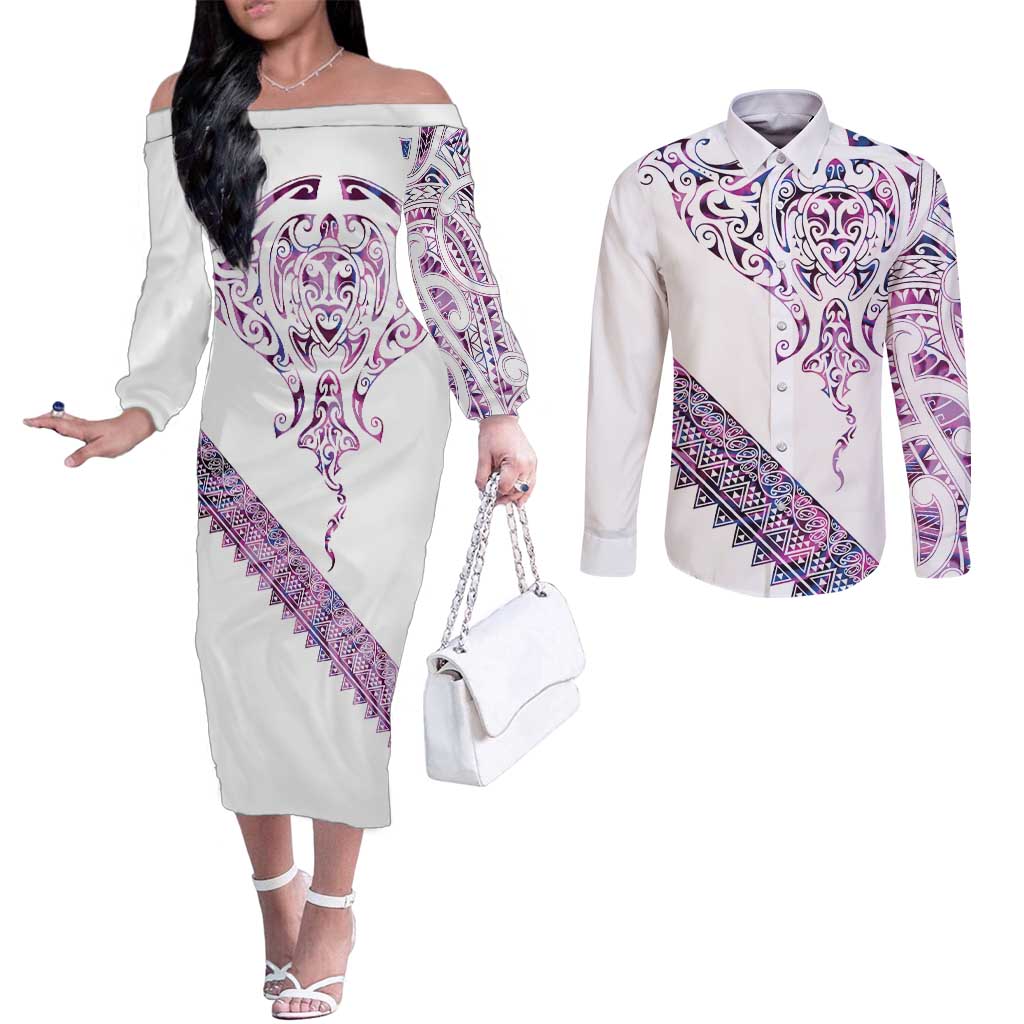 Mawhero Paua shell Kowhaiwhai Taniko Personalised Couples Matching Off The Shoulder Long Sleeve Dress and Long Sleeve Button Shirt Manta Ray Shark-Turtle Maori Tribal Style LT9 Pink - Polynesian Pride