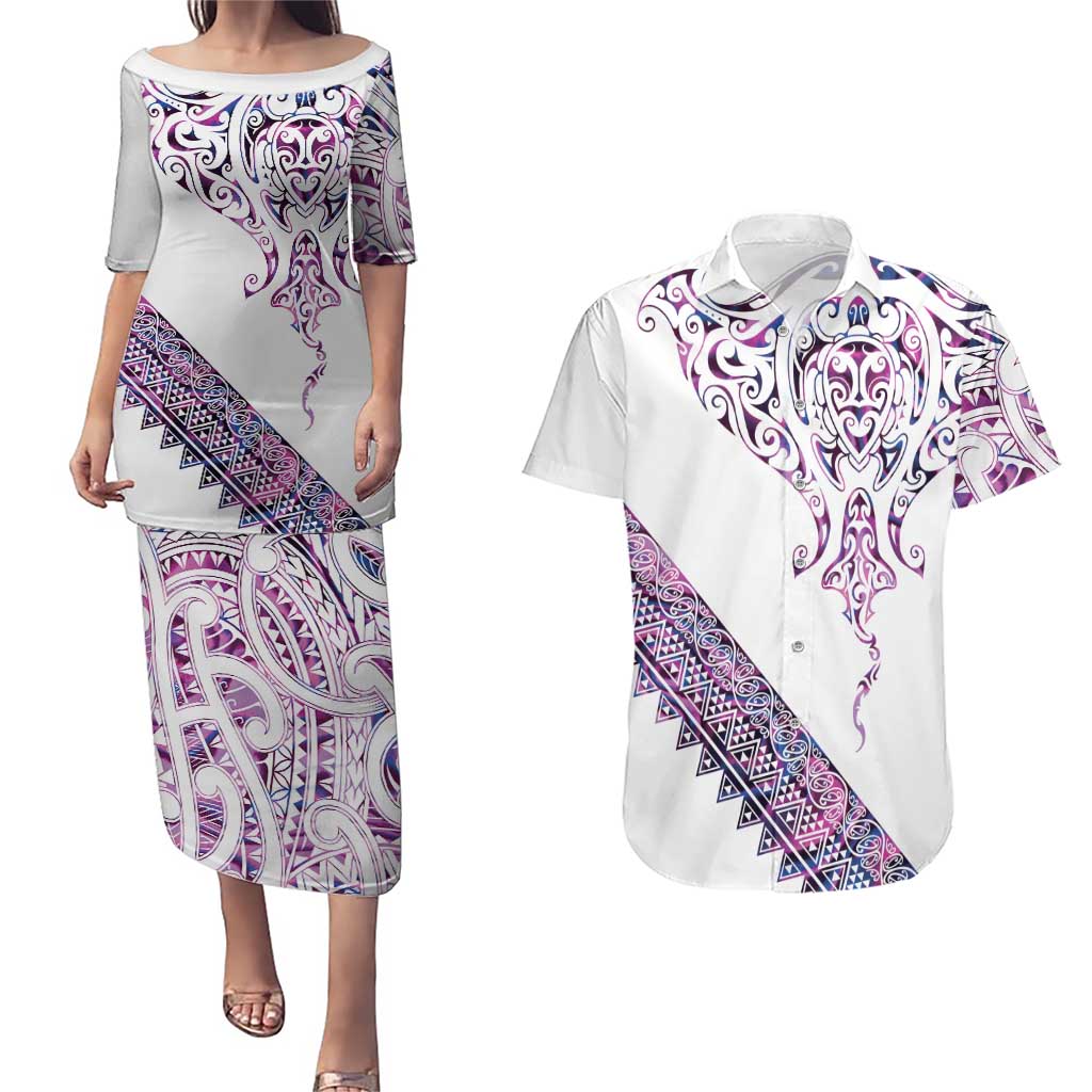 Mawhero Paua shell Kowhaiwhai Taniko Personalised Couples Matching Puletasi and Hawaiian Shirt Manta Ray Shark-Turtle Maori Tribal Style LT9 Pink - Polynesian Pride