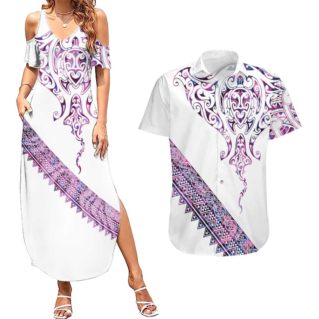 Mawhero Paua shell Kowhaiwhai Taniko Personalised Couples Matching Summer Maxi Dress and Hawaiian Shirt Manta Ray Shark-Turtle Maori Tribal Style