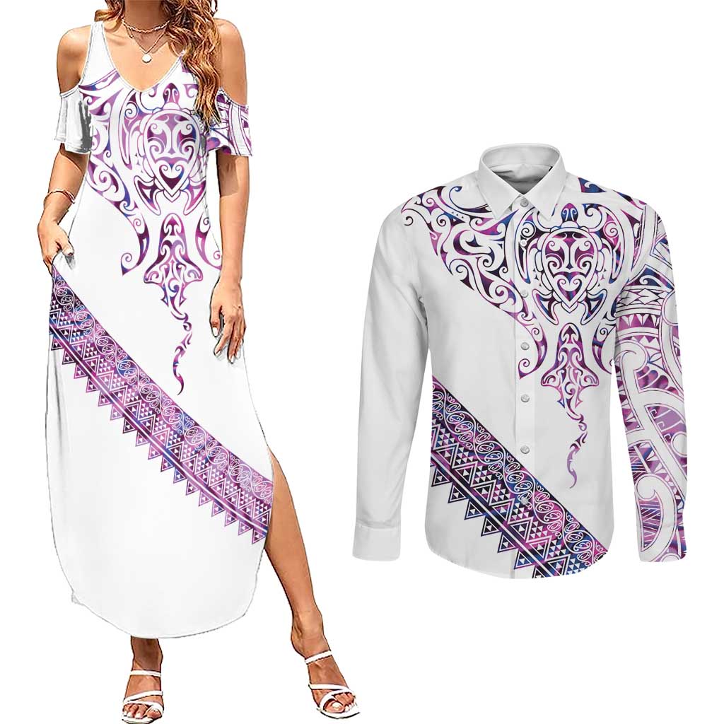 Mawhero Paua shell Kowhaiwhai Taniko Personalised Couples Matching Summer Maxi Dress and Long Sleeve Button Shirt Manta Ray Shark-Turtle Maori Tribal Style LT9 Pink - Polynesian Pride