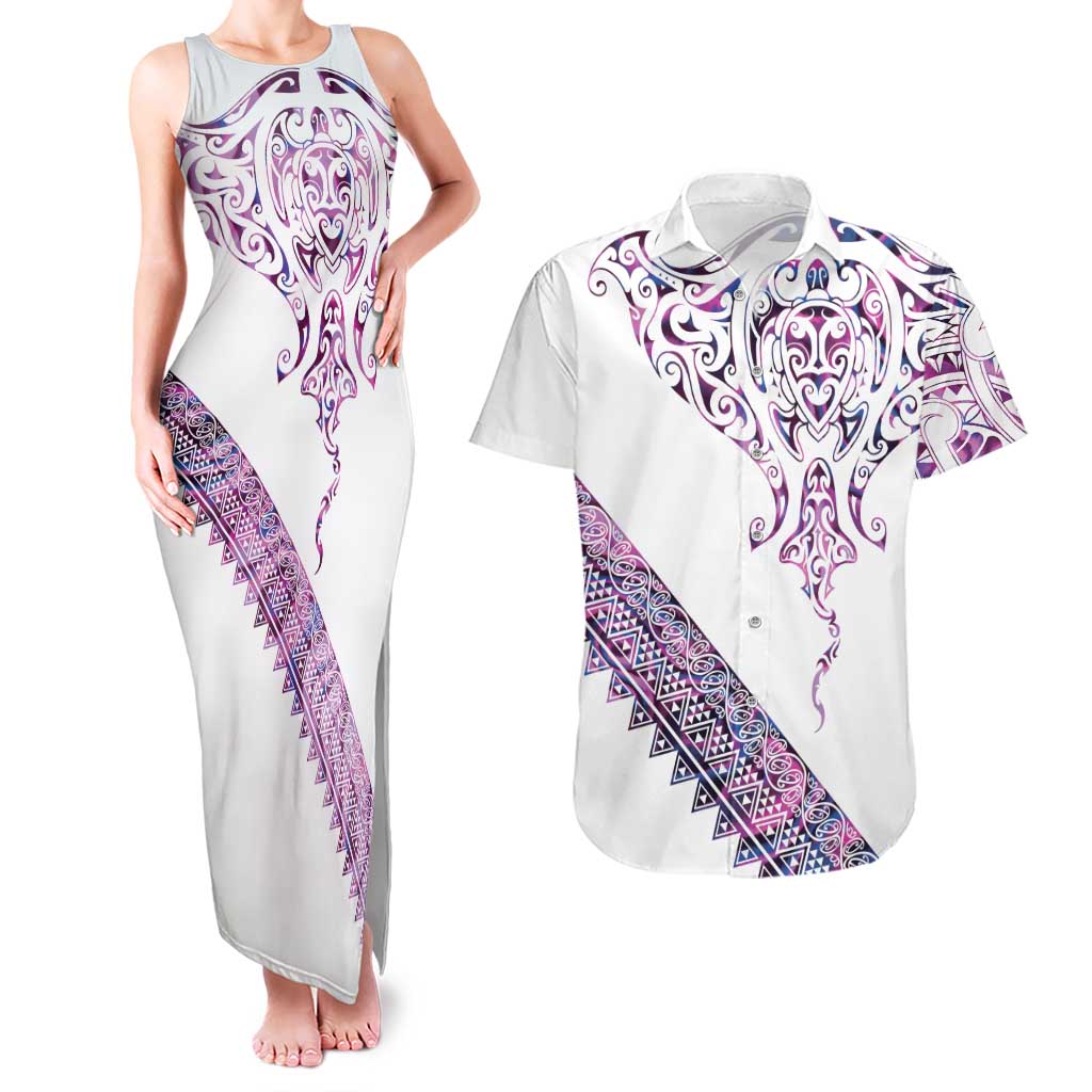 Mawhero Paua shell Kowhaiwhai Taniko Personalised Couples Matching Tank Maxi Dress and Hawaiian Shirt Manta Ray Shark-Turtle Maori Tribal Style LT9 Pink - Polynesian Pride