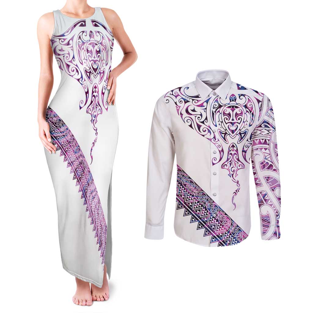 Mawhero Paua shell Kowhaiwhai Taniko Personalised Couples Matching Tank Maxi Dress and Long Sleeve Button Shirt Manta Ray Shark-Turtle Maori Tribal Style LT9 Pink - Polynesian Pride