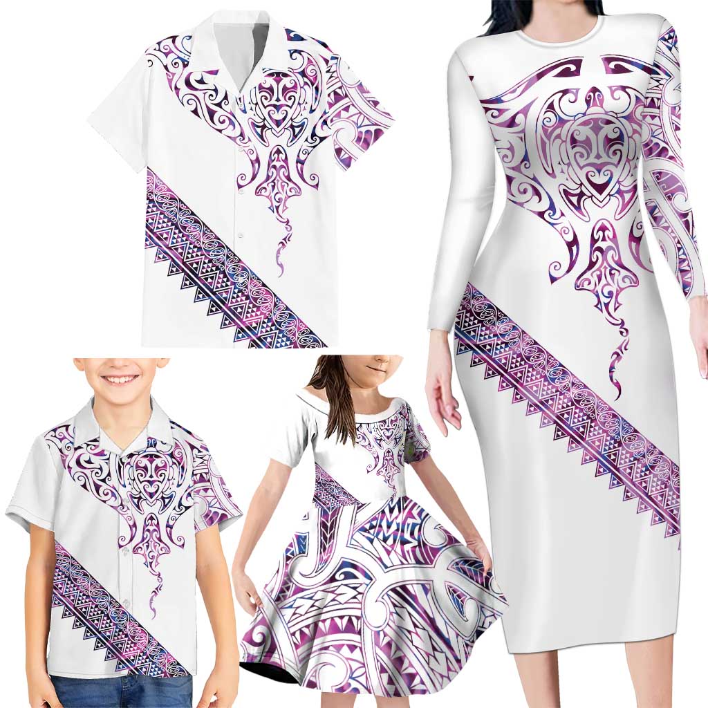 Mawhero Paua shell Kowhaiwhai Taniko Personalised Family Matching Long Sleeve Bodycon Dress and Hawaiian Shirt Manta Ray Shark-Turtle Maori Tribal Style LT9 - Polynesian Pride