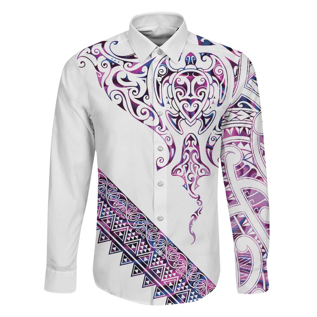 Mawhero Paua shell Kowhaiwhai Taniko Personalised Family Matching Mermaid Dress and Hawaiian Shirt Manta Ray Shark-Turtle Maori Tribal Style LT9 Dad's Shirt - Long Sleeve Pink - Polynesian Pride