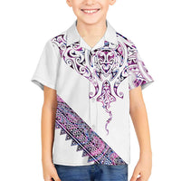 Mawhero Paua shell Kowhaiwhai Taniko Personalised Family Matching Off Shoulder Maxi Dress and Hawaiian Shirt Manta Ray Shark-Turtle Maori Tribal Style LT9 Son's Shirt Pink - Polynesian Pride