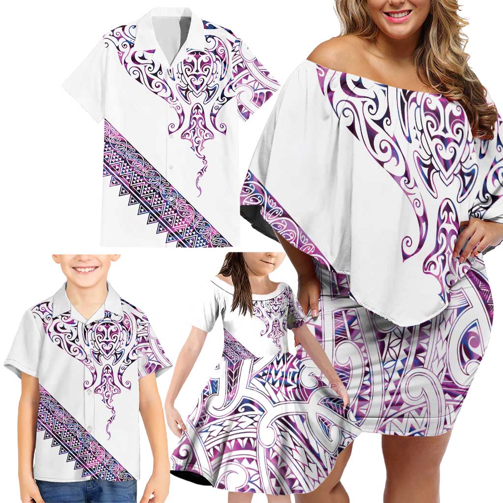 Mawhero Paua shell Kowhaiwhai Taniko Personalised Family Matching Off Shoulder Short Dress and Hawaiian Shirt Manta Ray Shark-Turtle Maori Tribal Style