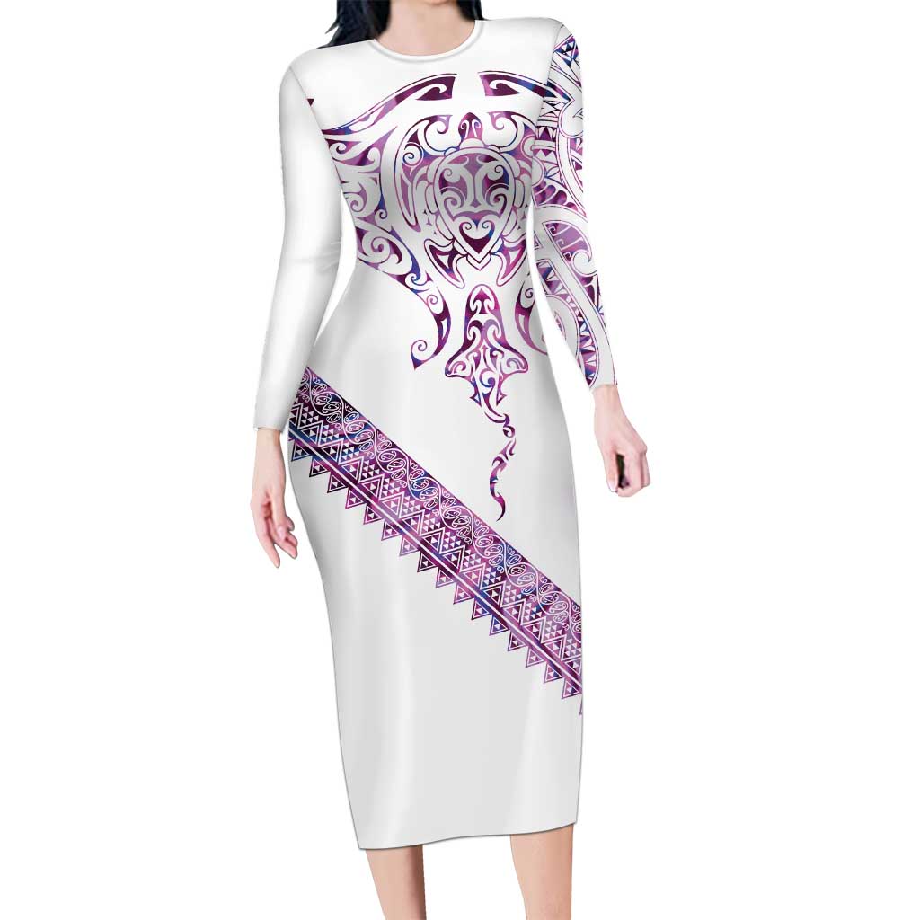 Mawhero Paua shell Kowhaiwhai Taniko Personalised Long Sleeve Bodycon Dress Manta Ray Shark-Turtle Maori Tribal Style LT9 Long Dress Pink - Polynesian Pride