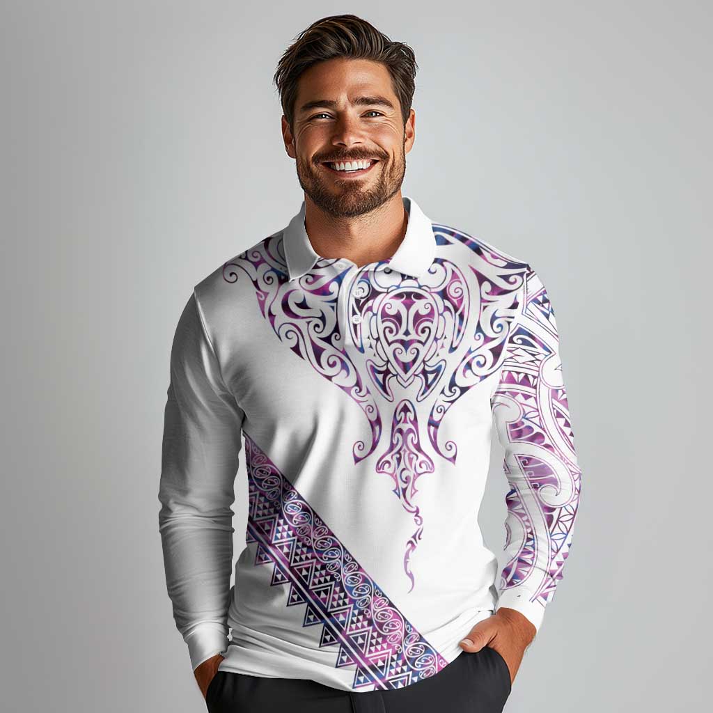 Mawhero Paua shell Kowhaiwhai Taniko Personalised Long Sleeve Polo Shirt Manta Ray Shark-Turtle Maori Tribal Style LT9 - Polynesian Pride