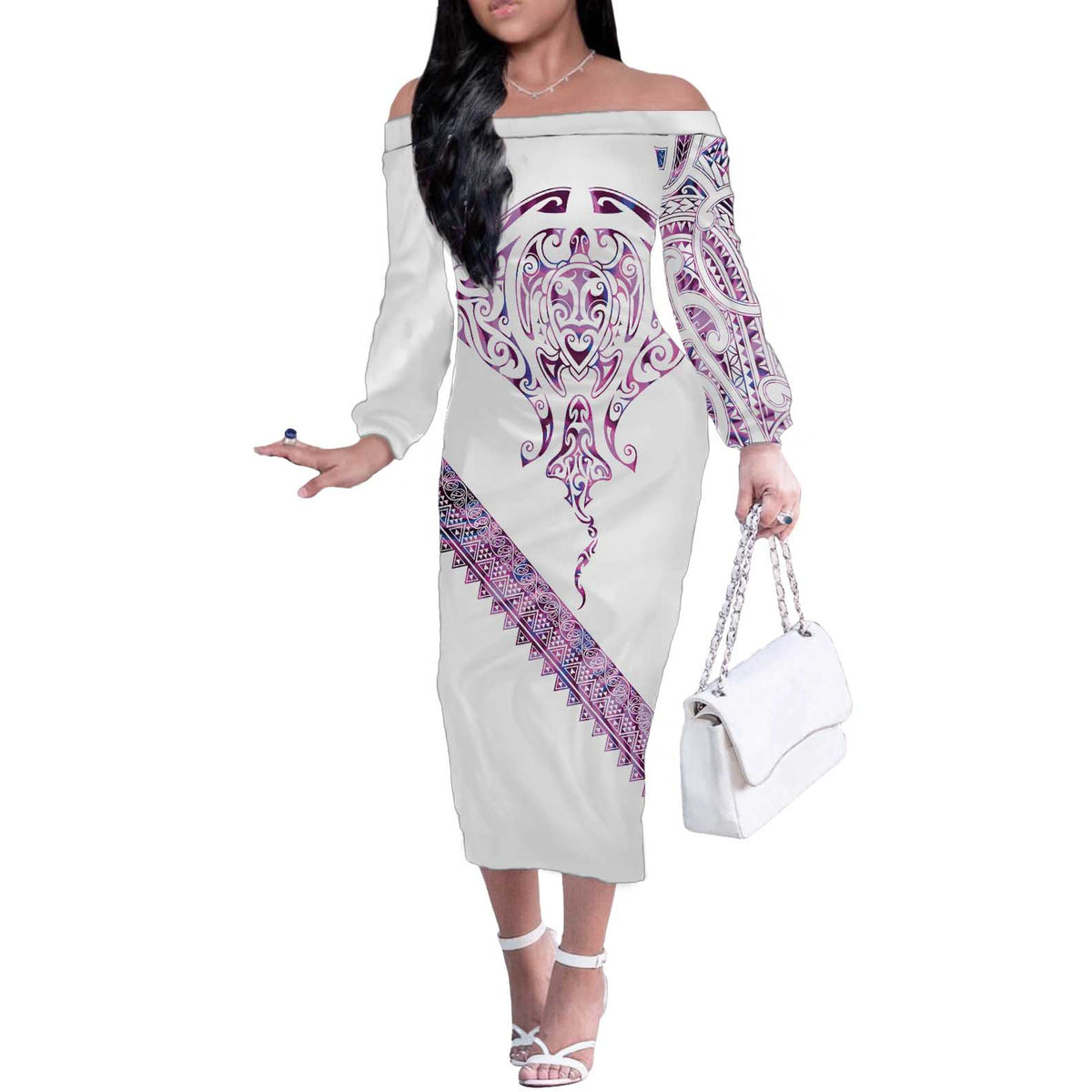 Mawhero Paua shell Kowhaiwhai Taniko Personalised Off The Shoulder Long Sleeve Dress Manta Ray Shark-Turtle Maori Tribal Style LT9 Women Pink - Polynesian Pride