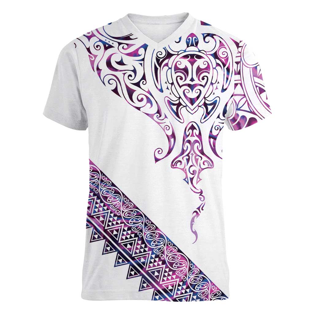 Mawhero Paua shell Kowhaiwhai Taniko Personalised Women V-Neck T-Shirt Manta Ray Shark-Turtle Maori Tribal Style LT9 Female Pink - Polynesian Pride