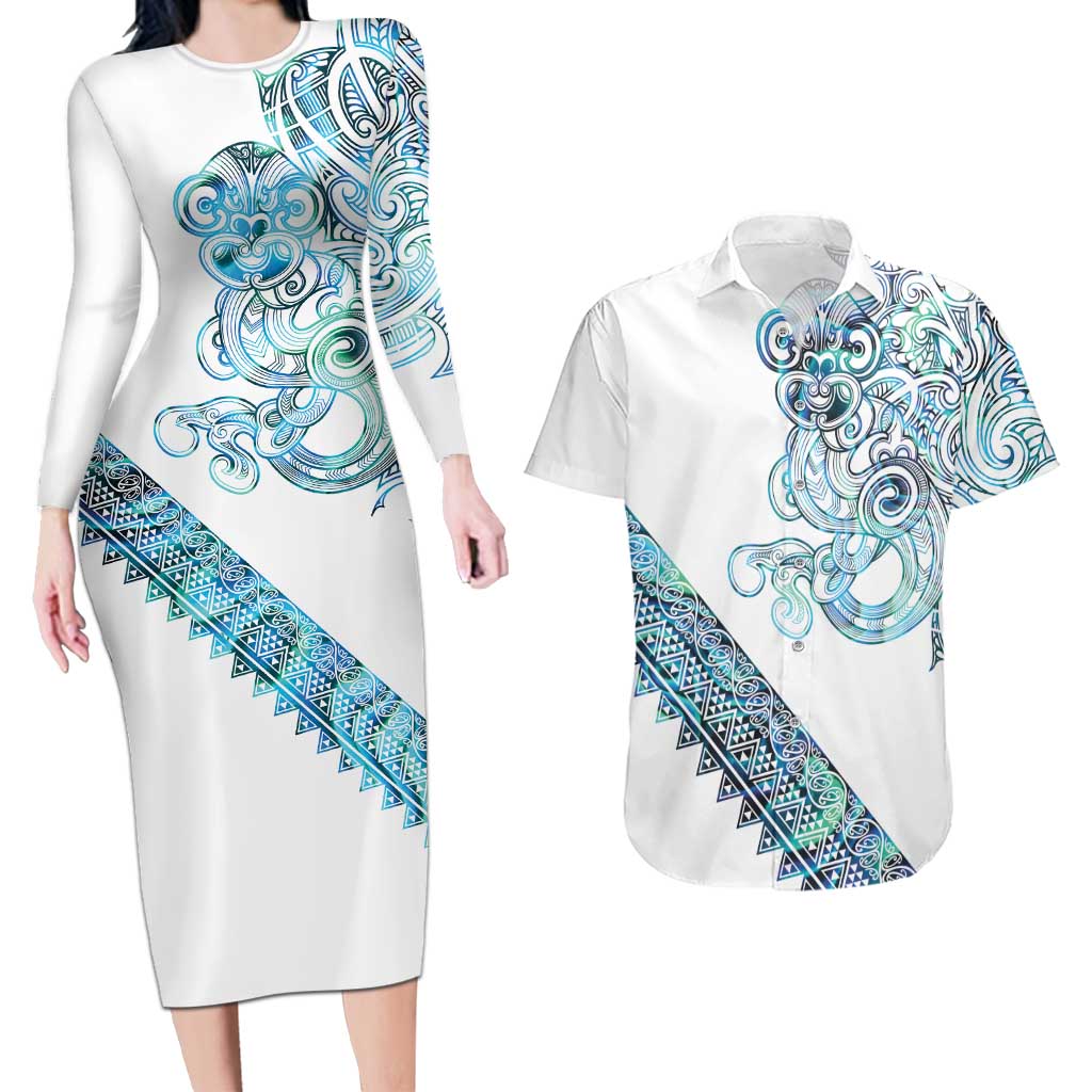 Kahui Whetu Paua shell Kowhaiwhai Taniko Personalised Couples Matching Long Sleeve Bodycon Dress and Hawaiian Shirt Taniwha Maori Tribal Style LT9 Blue - Polynesian Pride