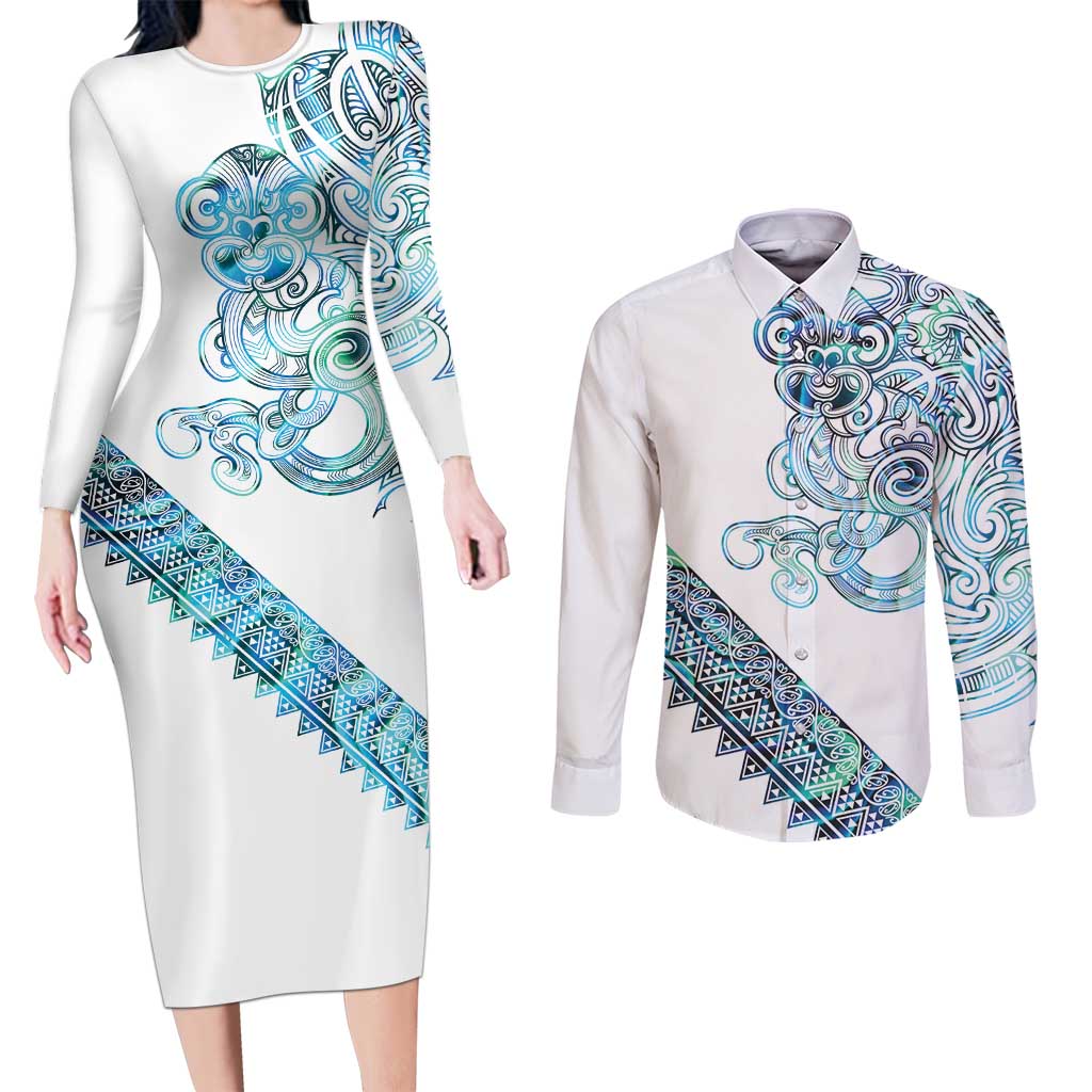 Kahui Whetu Paua shell Kowhaiwhai Taniko Personalised Couples Matching Long Sleeve Bodycon Dress and Long Sleeve Button Shirt Taniwha Maori Tribal Style LT9 Blue - Polynesian Pride