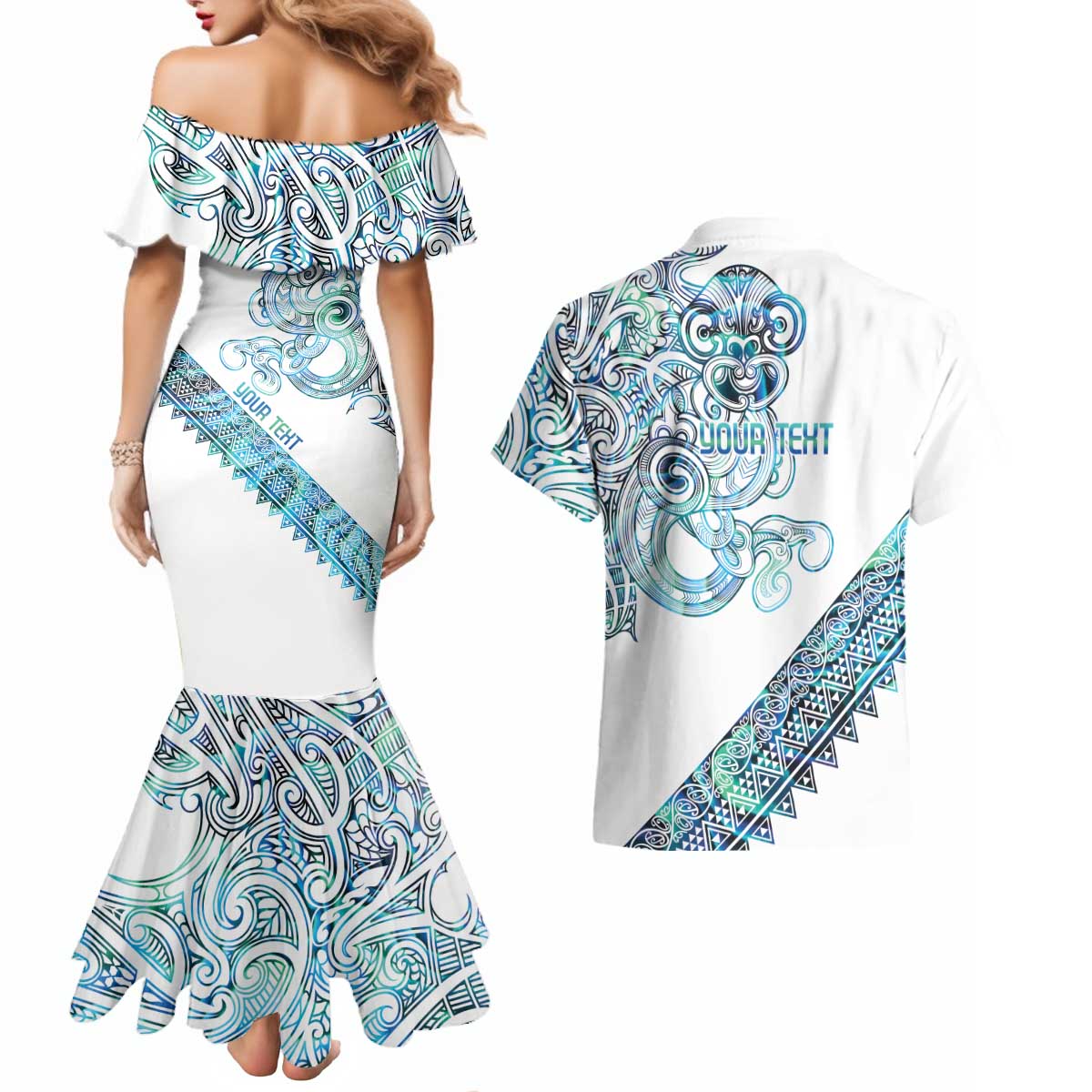 Kahui Whetu Paua shell Kowhaiwhai Taniko Personalised Couples Matching Mermaid Dress and Hawaiian Shirt Taniwha Maori Tribal Style LT9 - Polynesian Pride