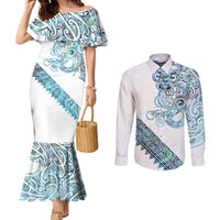 Kahui Whetu Paua shell Kowhaiwhai Taniko Personalised Couples Matching Mermaid Dress and Long Sleeve Button Shirt Taniwha Maori Tribal Style LT9 Blue - Polynesian Pride