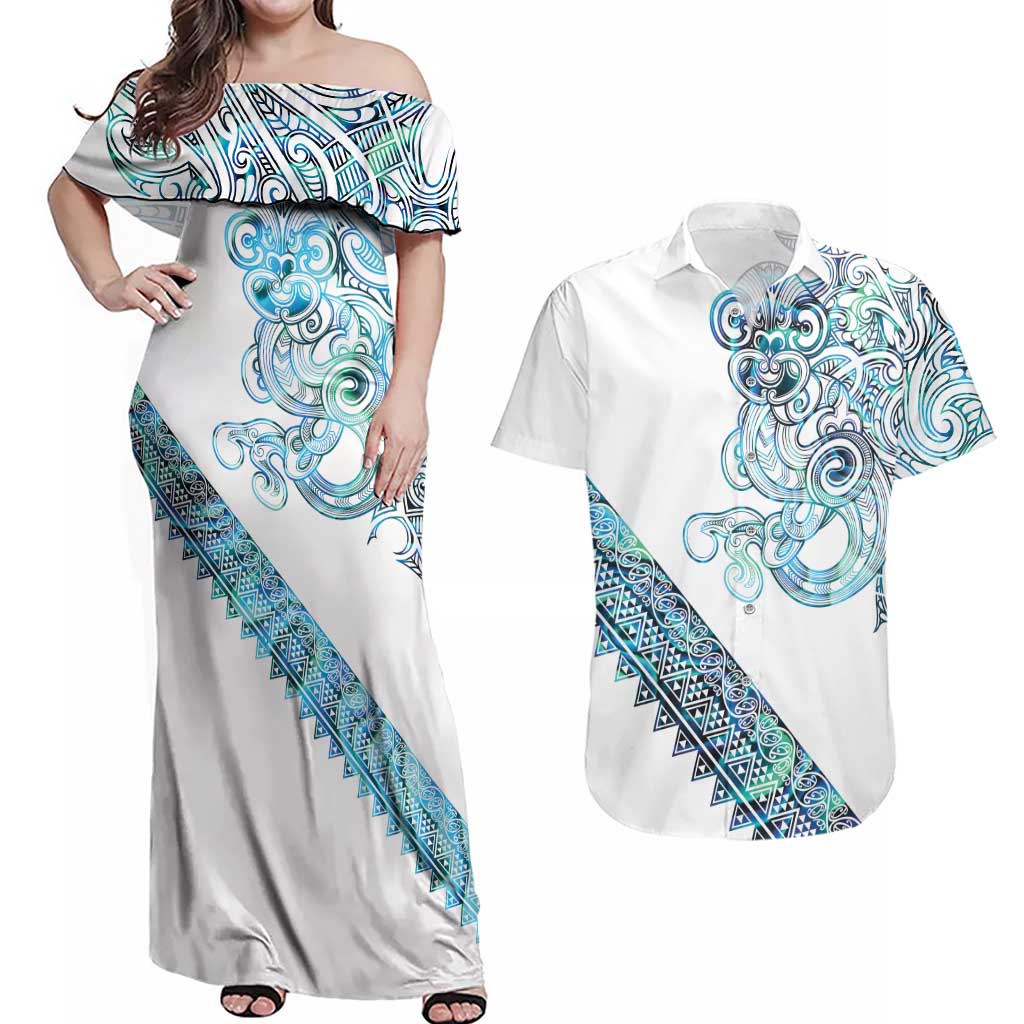 Kahui Whetu Paua shell Kowhaiwhai Taniko Personalised Couples Matching Off Shoulder Maxi Dress and Hawaiian Shirt Taniwha Maori Tribal Style LT9 Blue - Polynesian Pride