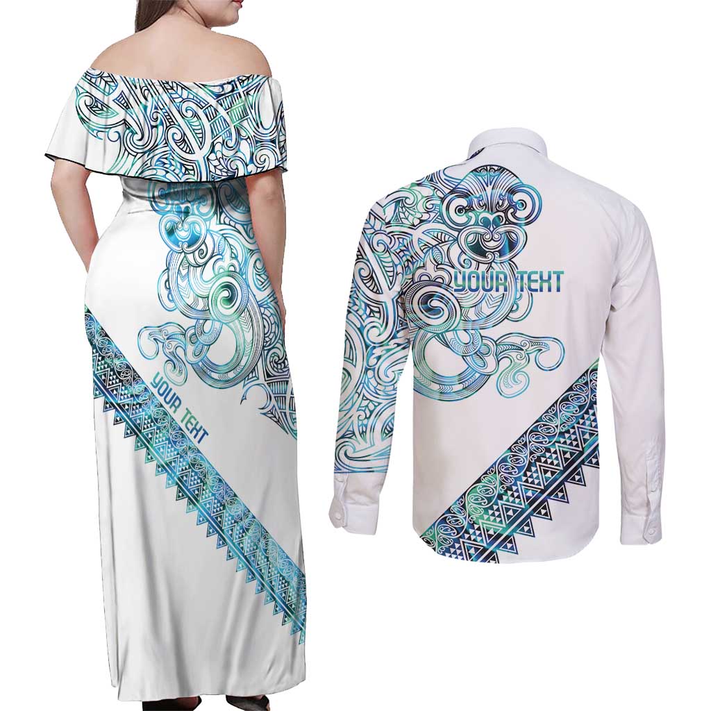 Kahui Whetu Paua shell Kowhaiwhai Taniko Personalised Couples Matching Off Shoulder Maxi Dress and Long Sleeve Button Shirt Taniwha Maori Tribal Style LT9 - Polynesian Pride