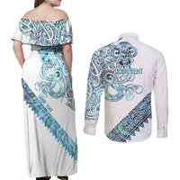Kahui Whetu Paua shell Kowhaiwhai Taniko Personalised Couples Matching Off Shoulder Maxi Dress and Long Sleeve Button Shirt Taniwha Maori Tribal Style LT9 - Polynesian Pride