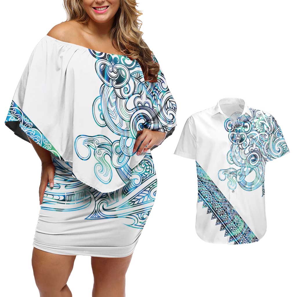 Kahui Whetu Paua shell Kowhaiwhai Taniko Personalised Couples Matching Off Shoulder Short Dress and Hawaiian Shirt Taniwha Maori Tribal Style LT9 Blue - Polynesian Pride