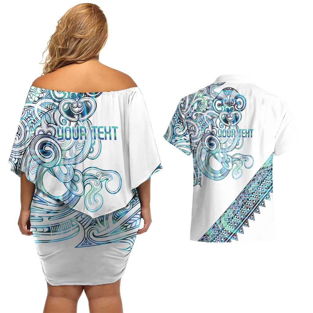 Kahui Whetu Paua shell Kowhaiwhai Taniko Personalised Couples Matching Off Shoulder Short Dress and Hawaiian Shirt Taniwha Maori Tribal Style LT9 - Polynesian Pride