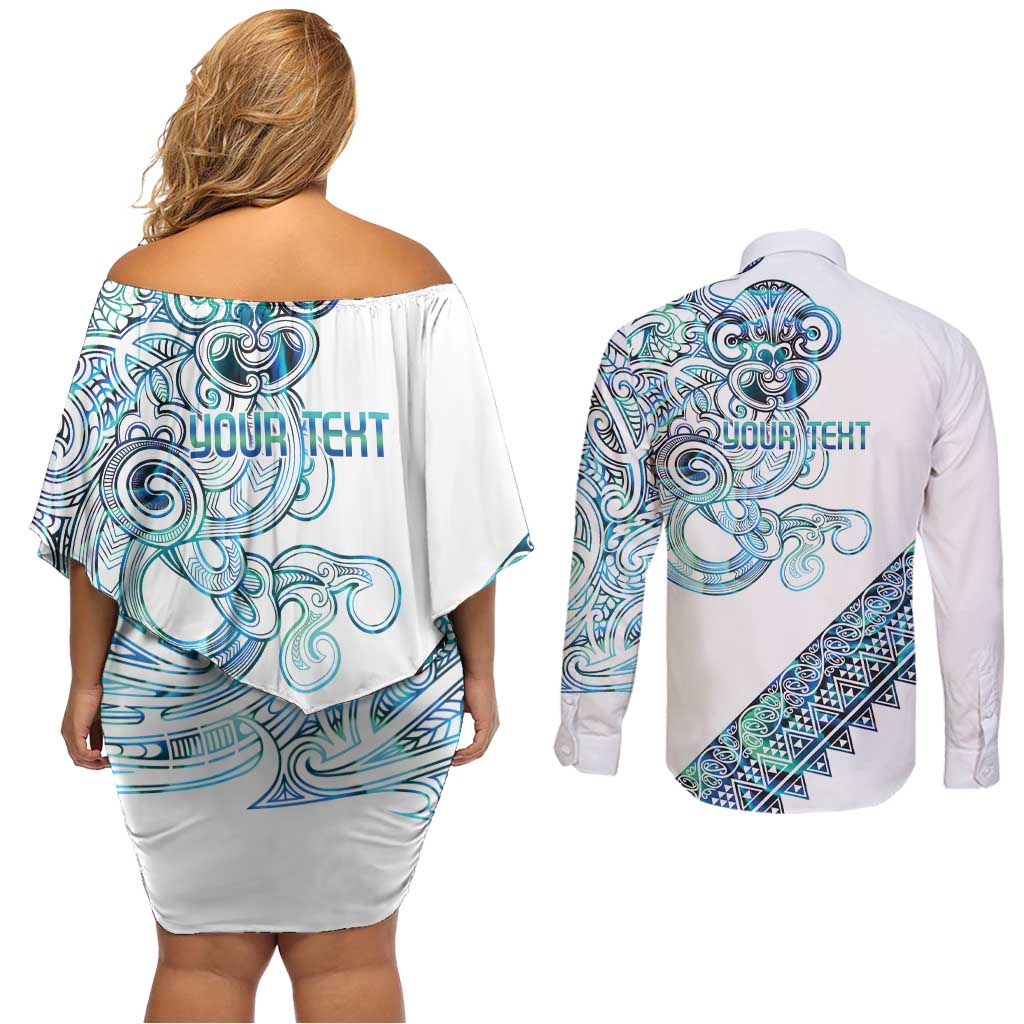 Kahui Whetu Paua shell Kowhaiwhai Taniko Personalised Couples Matching Off Shoulder Short Dress and Long Sleeve Button Shirt Taniwha Maori Tribal Style LT9 - Polynesian Pride