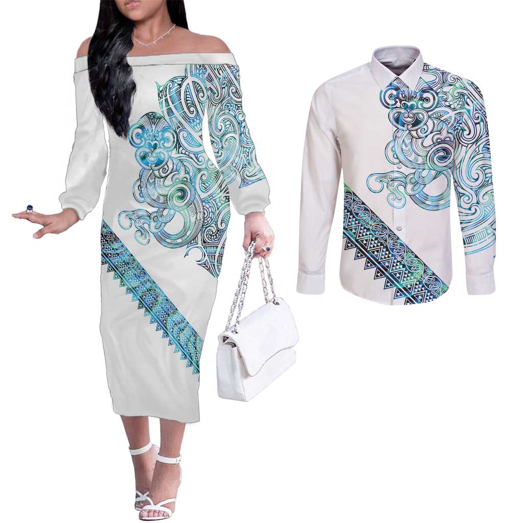 Kahui Whetu Paua shell Kowhaiwhai Taniko Personalised Couples Matching Off The Shoulder Long Sleeve Dress and Long Sleeve Button Shirt Taniwha Maori Tribal Style LT9 Blue - Polynesian Pride