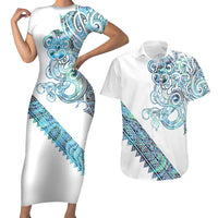 Kahui Whetu Paua shell Kowhaiwhai Taniko Personalised Couples Matching Short Sleeve Bodycon Dress and Hawaiian Shirt Taniwha Maori Tribal Style LT9 Blue - Polynesian Pride