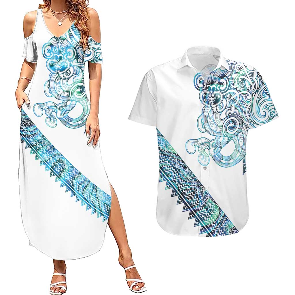 Kahui Whetu Paua shell Kowhaiwhai Taniko Personalised Couples Matching Summer Maxi Dress and Hawaiian Shirt Taniwha Maori Tribal Style LT9 Blue - Polynesian Pride