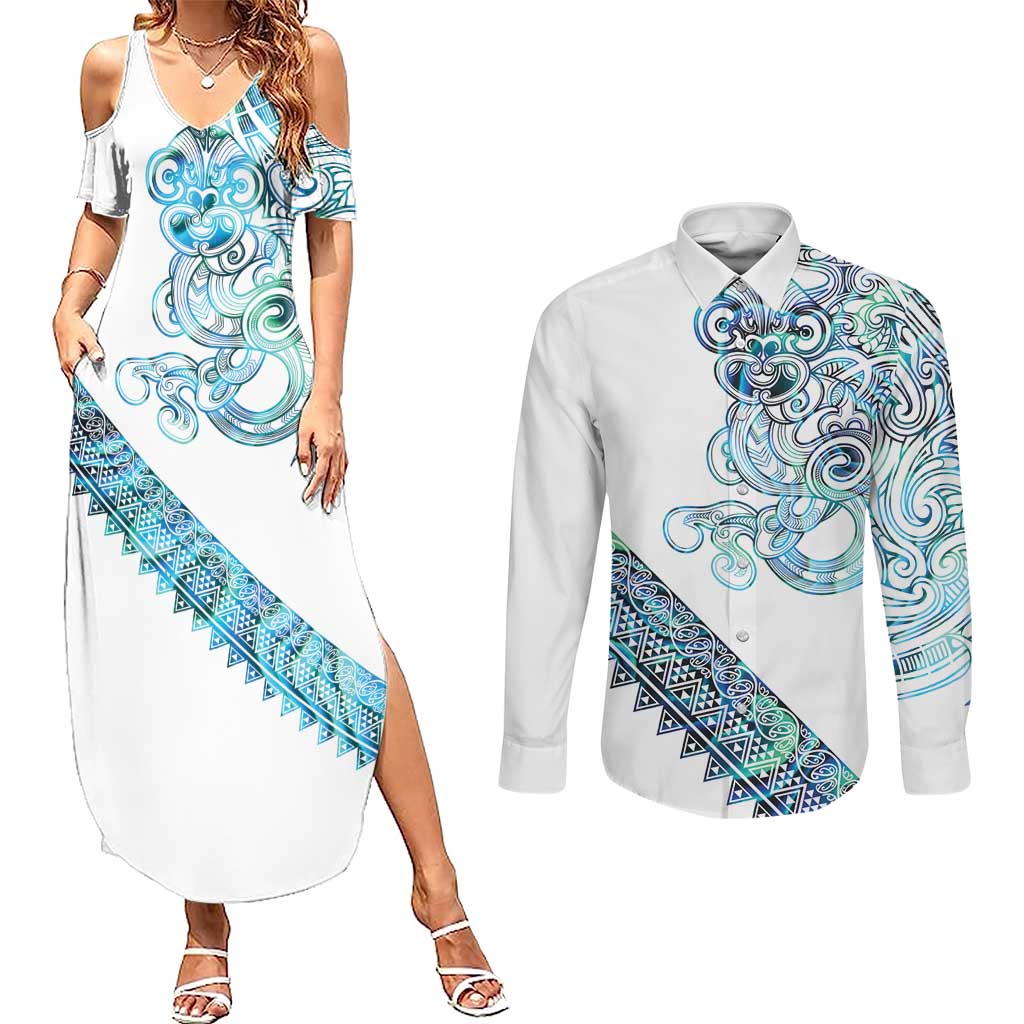 Kahui Whetu Paua shell Kowhaiwhai Taniko Personalised Couples Matching Summer Maxi Dress and Long Sleeve Button Shirt Taniwha Maori Tribal Style LT9 Blue - Polynesian Pride