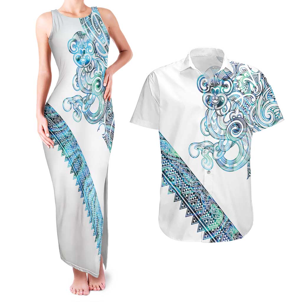 Kahui Whetu Paua shell Kowhaiwhai Taniko Personalised Couples Matching Tank Maxi Dress and Hawaiian Shirt Taniwha Maori Tribal Style