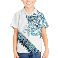 Kahui Whetu Paua shell Kowhaiwhai Taniko Personalised Family Matching Long Sleeve Bodycon Dress and Hawaiian Shirt Taniwha Maori Tribal Style LT9 Son's Shirt Blue - Polynesian Pride