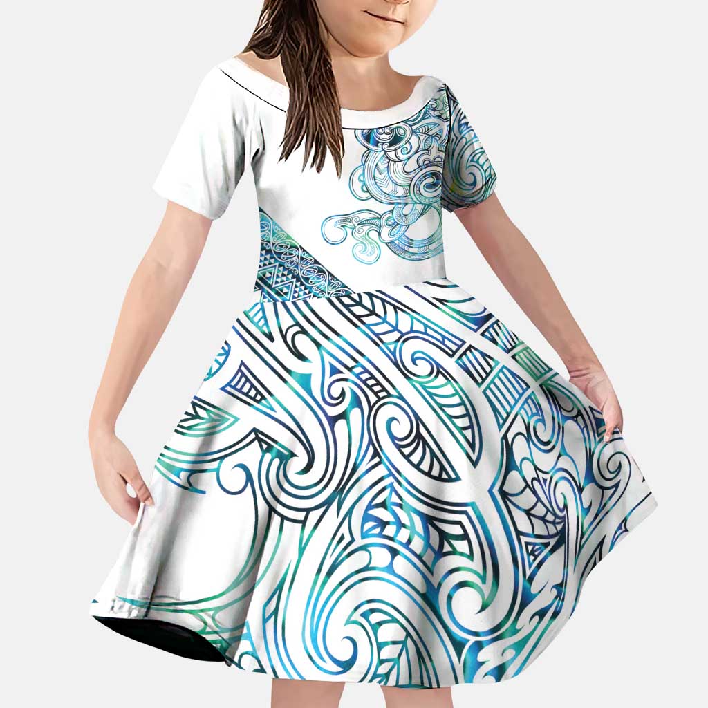 Kahui Whetu Paua shell Kowhaiwhai Taniko Personalised Family Matching Mermaid Dress and Hawaiian Shirt Taniwha Maori Tribal Style LT9 Daughter's Dress Blue - Polynesian Pride