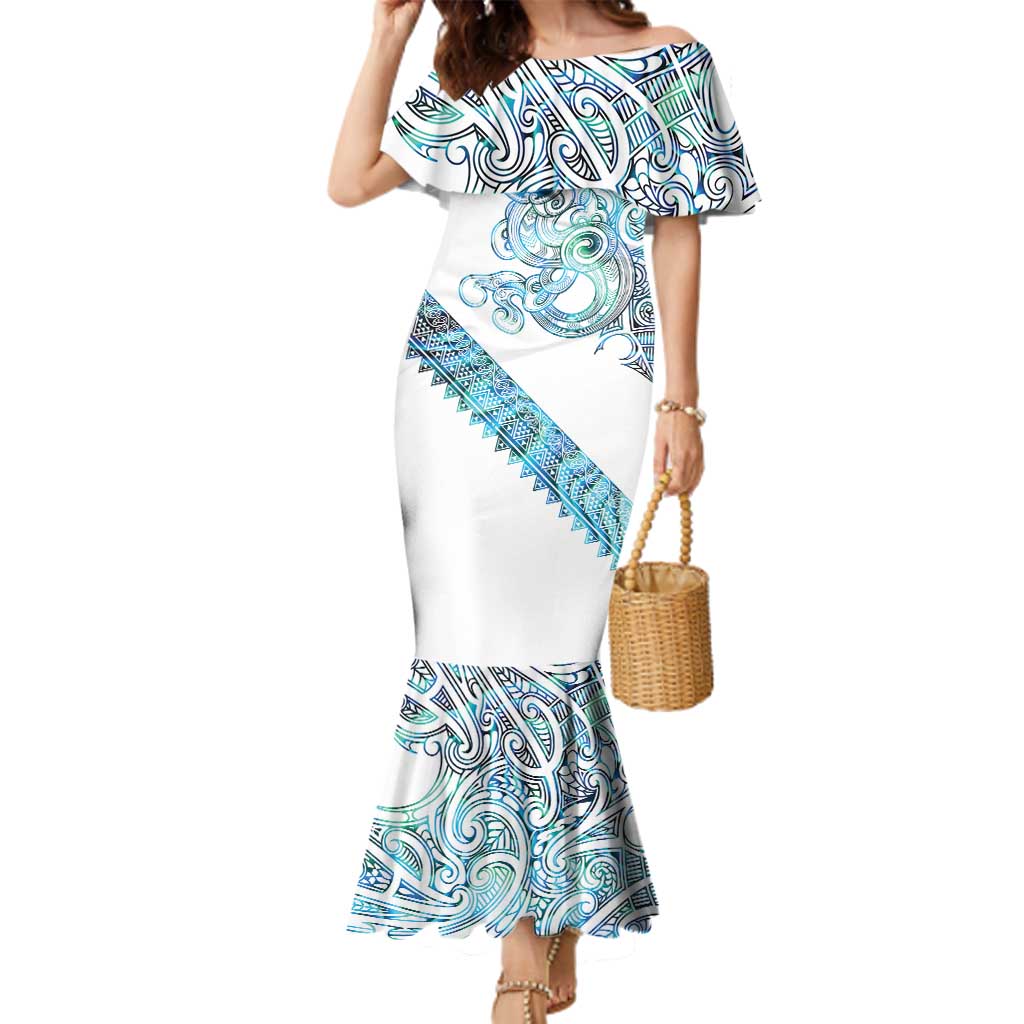 Kahui Whetu Paua shell Kowhaiwhai Taniko Personalised Family Matching Mermaid Dress and Hawaiian Shirt Taniwha Maori Tribal Style LT9 Mom's Dress Blue - Polynesian Pride